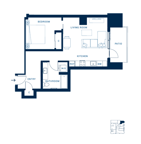 Floor plan for 1 bed, 1 bath, 656 sqft
